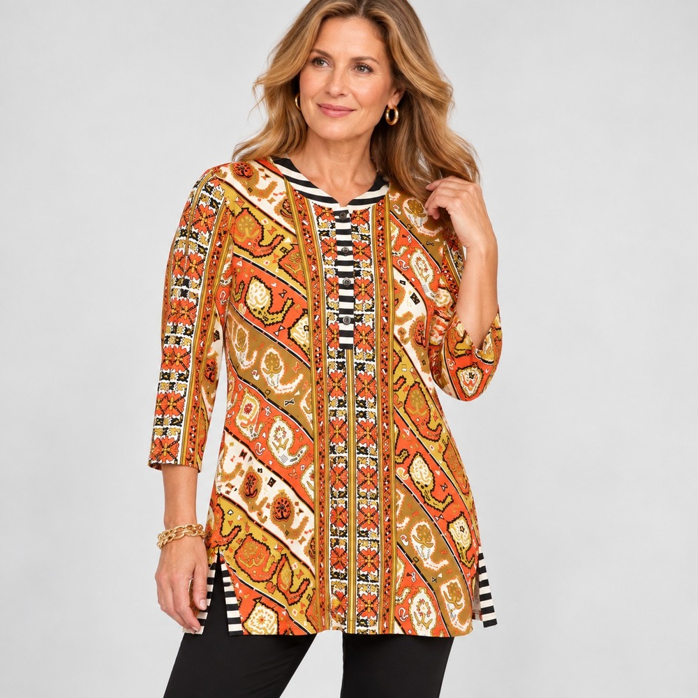 J. McLaughlin Mixed Print Catalina Cloth Tunic Top Womens XL Multicolor Stretch